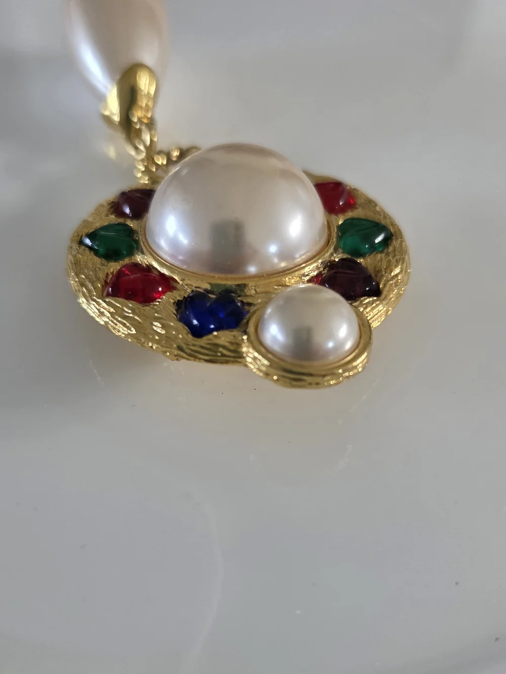 Vintage Gold-Tone Multicolor Hearts & Faux Pearl Drop Brooch